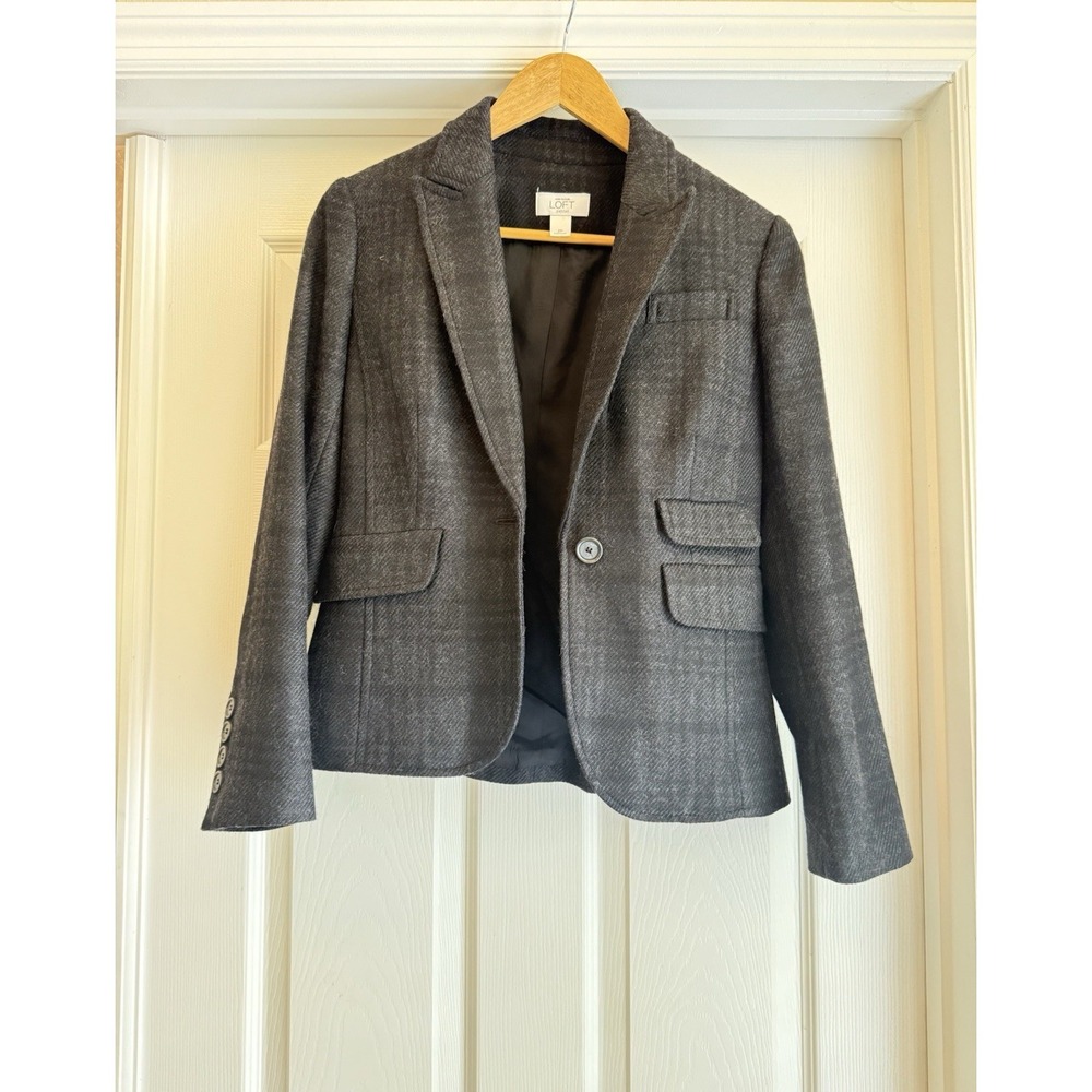 Ann Taylor Loft Blazer Women 2P Gray Plaid One Button Petite Professional Jacket